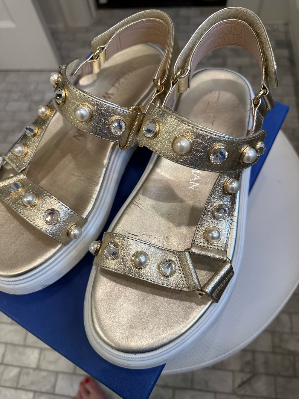 Stuart Weitzman Gold Pearl & Crystal Platform Sandals